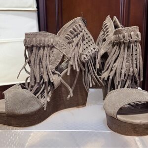 Naughty Monkey Taupe Fringe Wedge Sandals